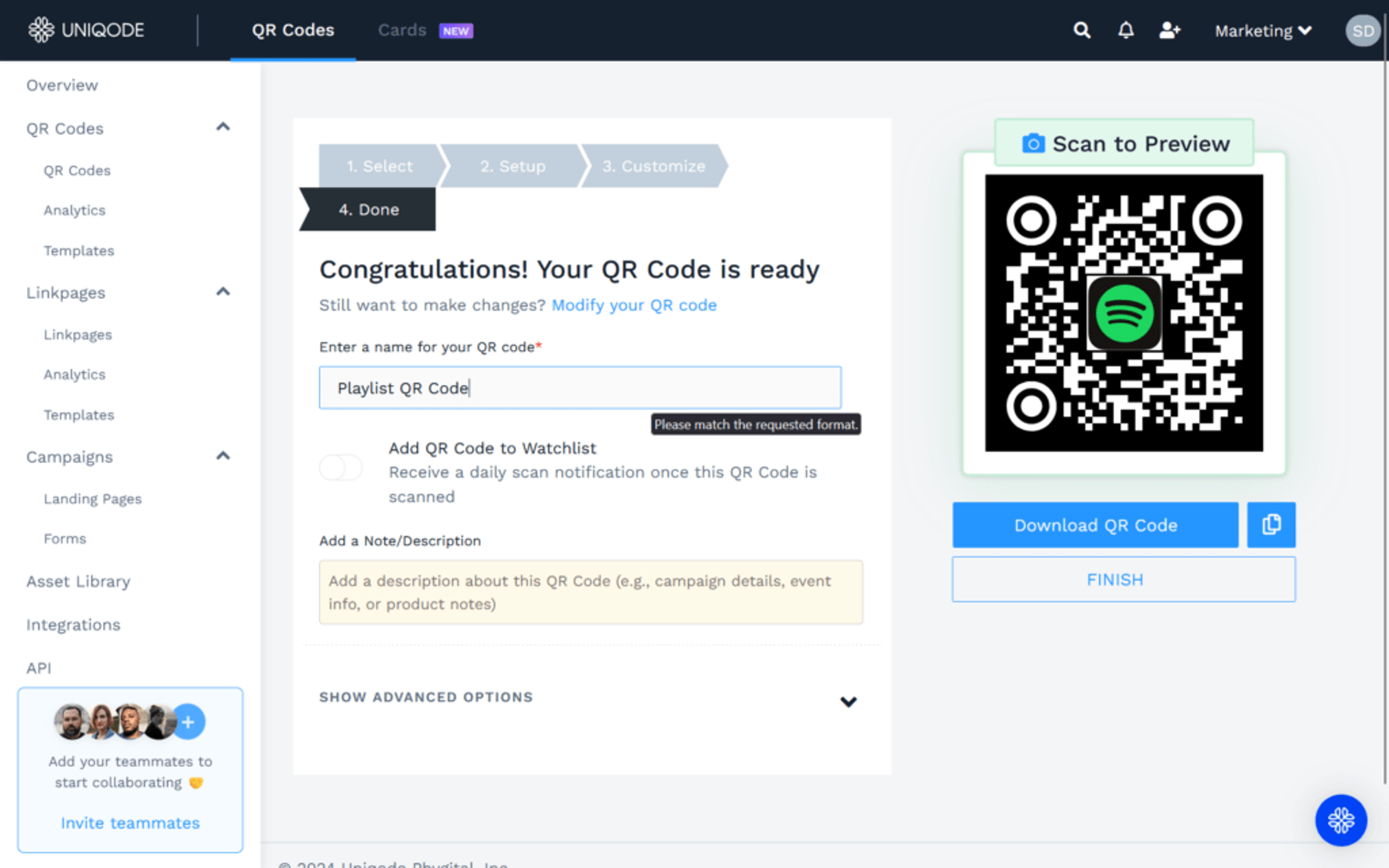 Test and download your new playlist QR Code with Uniqode