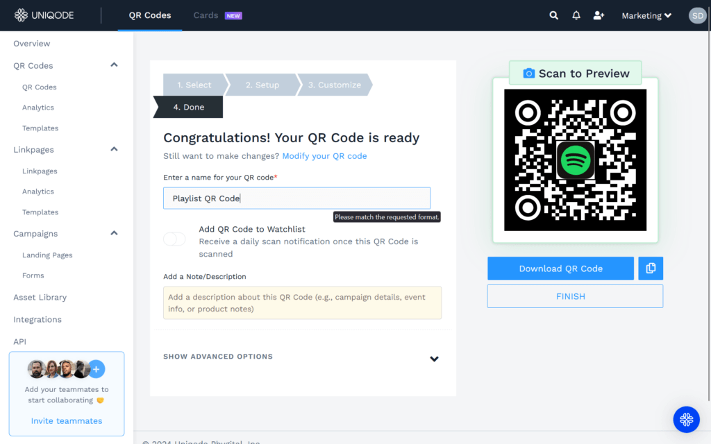 Test and download your new playlist QR Code with Uniqode
