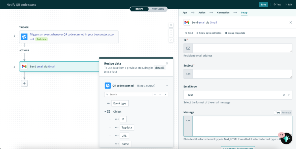 Workato offers multiple pre-defined fields from Uniqode to add to your email