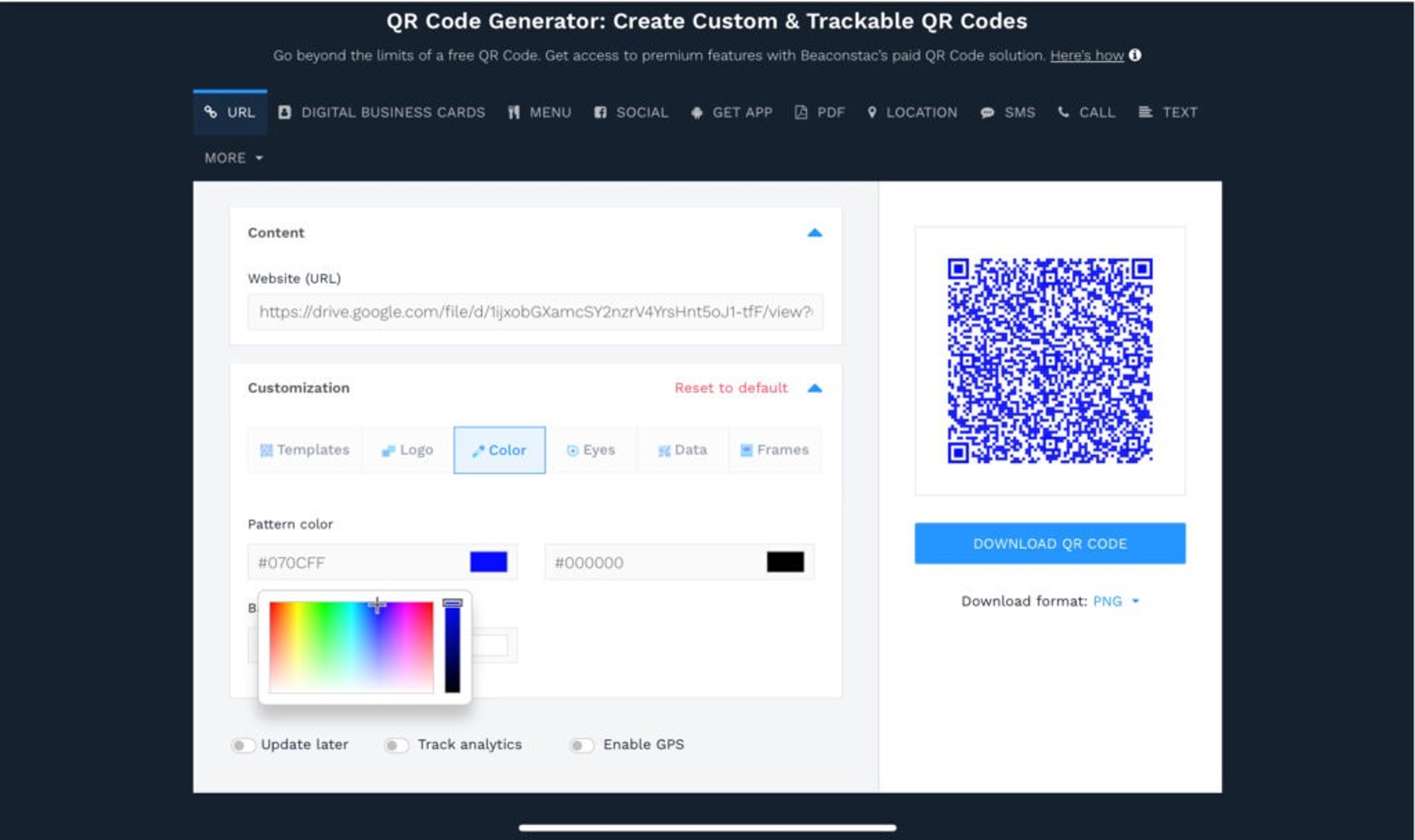 Customize the free menu QR Code and download in PNG format
