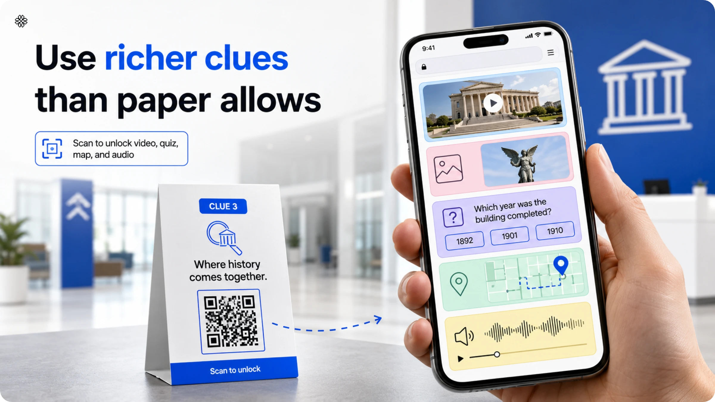 scavenger hunt QR Code allows richer clues than paper