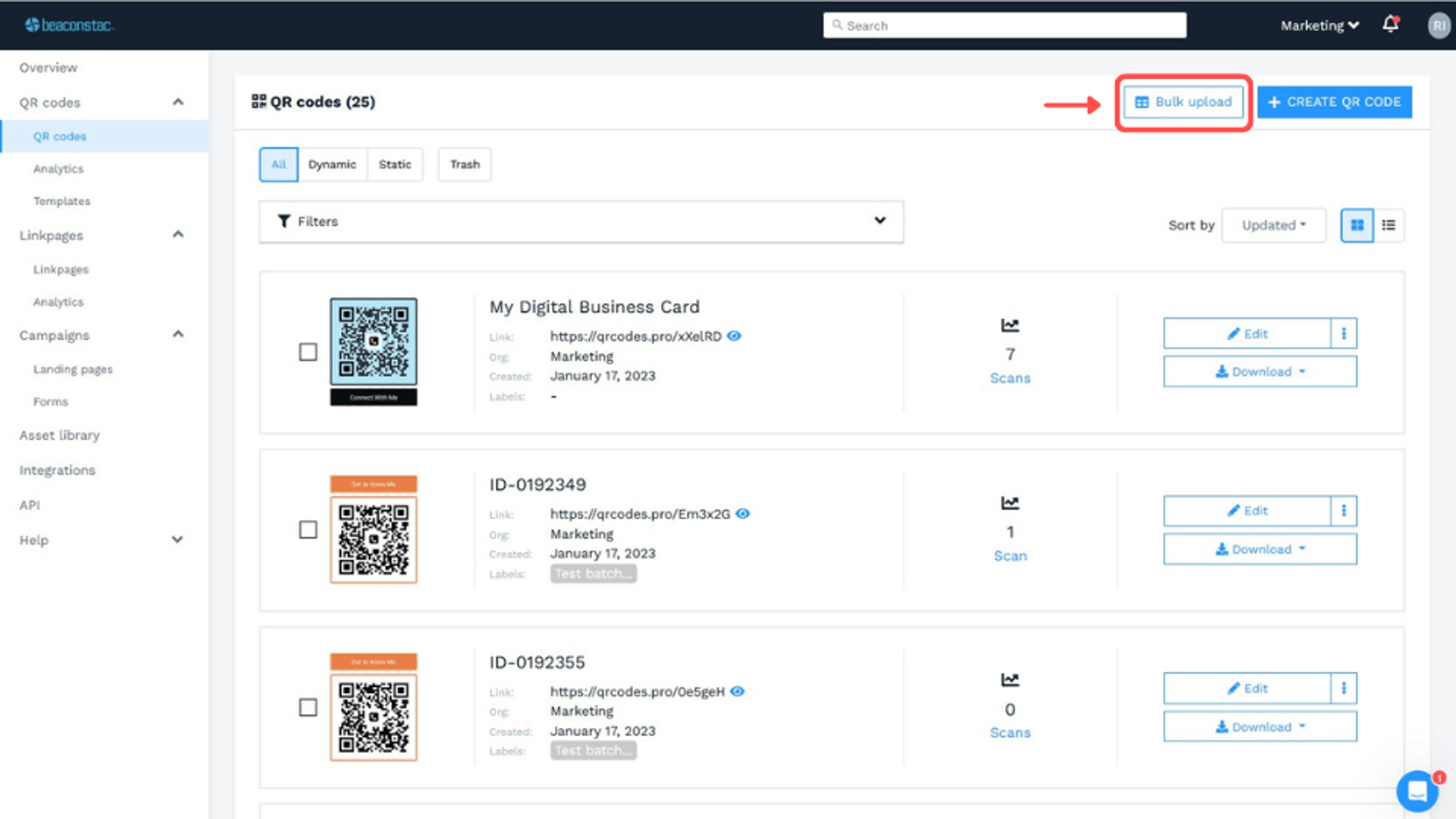Click ‘Bulk upload’ and select ‘Digital Business Card’