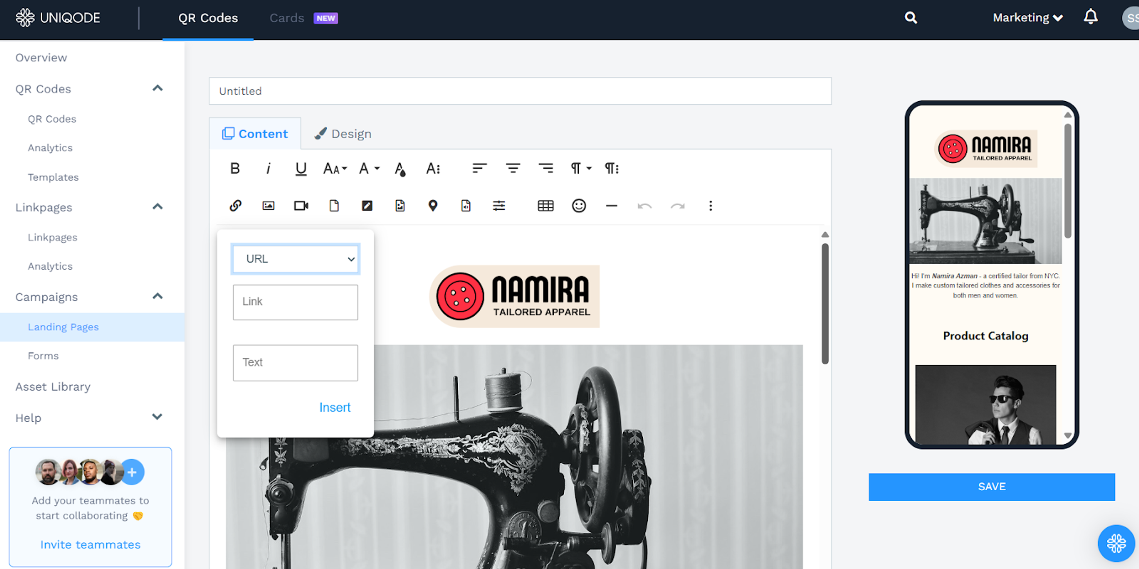 pre-built landing page template from Uniqode’s