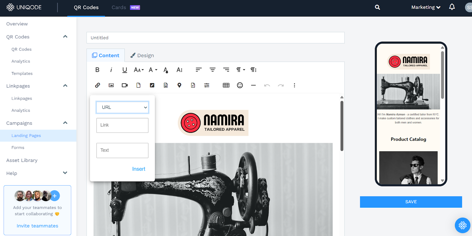 pre-built landing page template from Uniqode’s