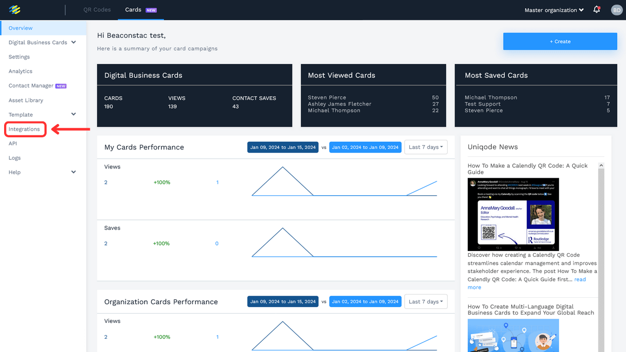 Sign in to Uniqode account and click integrations