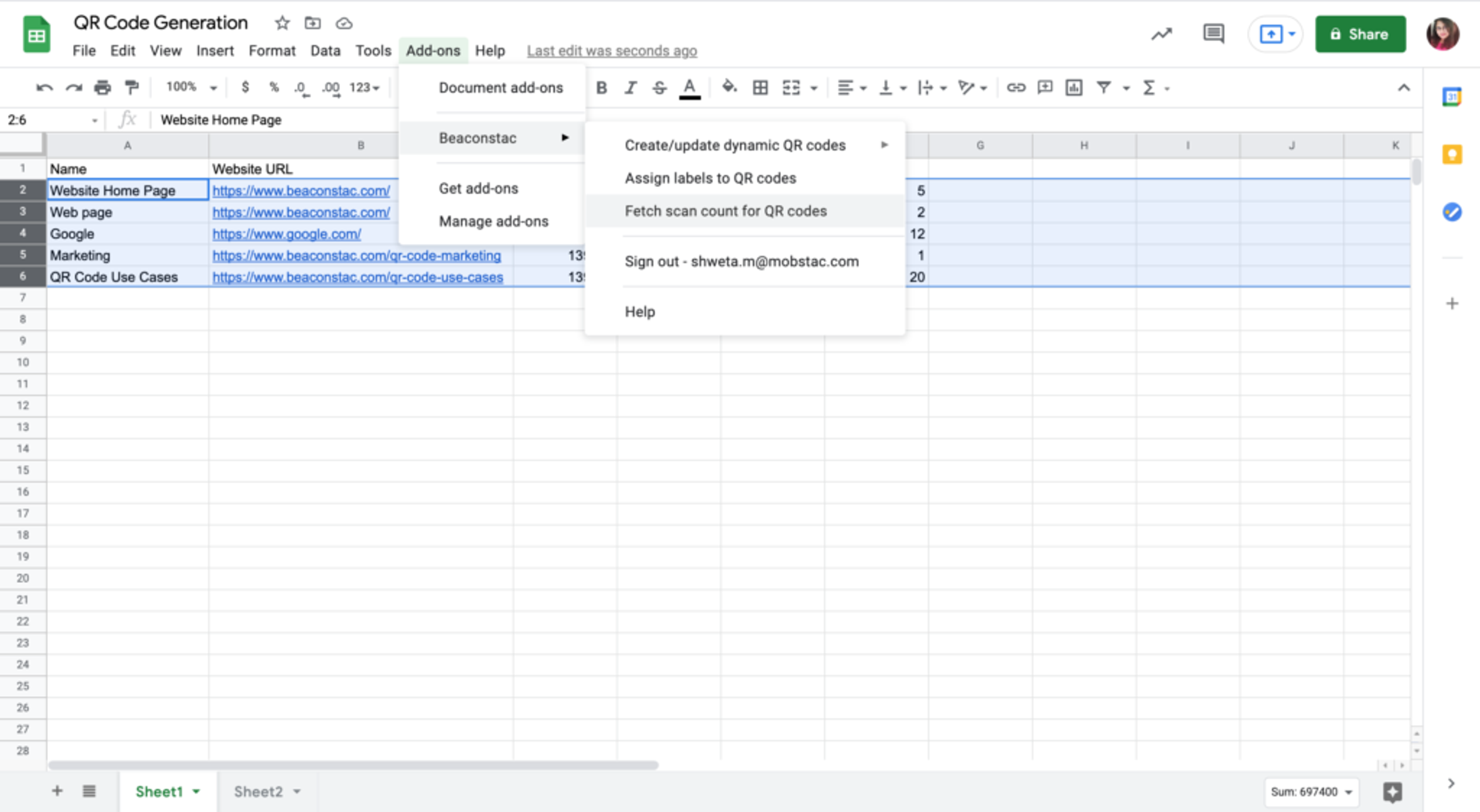 Select the rows to fetch the number of QR scans
