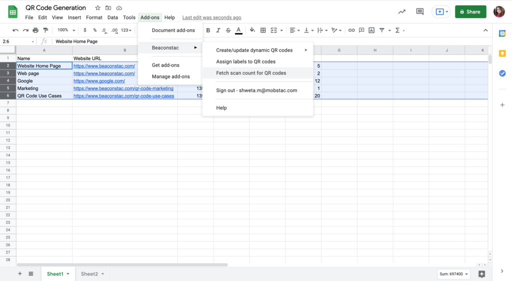 Select the rows to fetch the number of QR scans