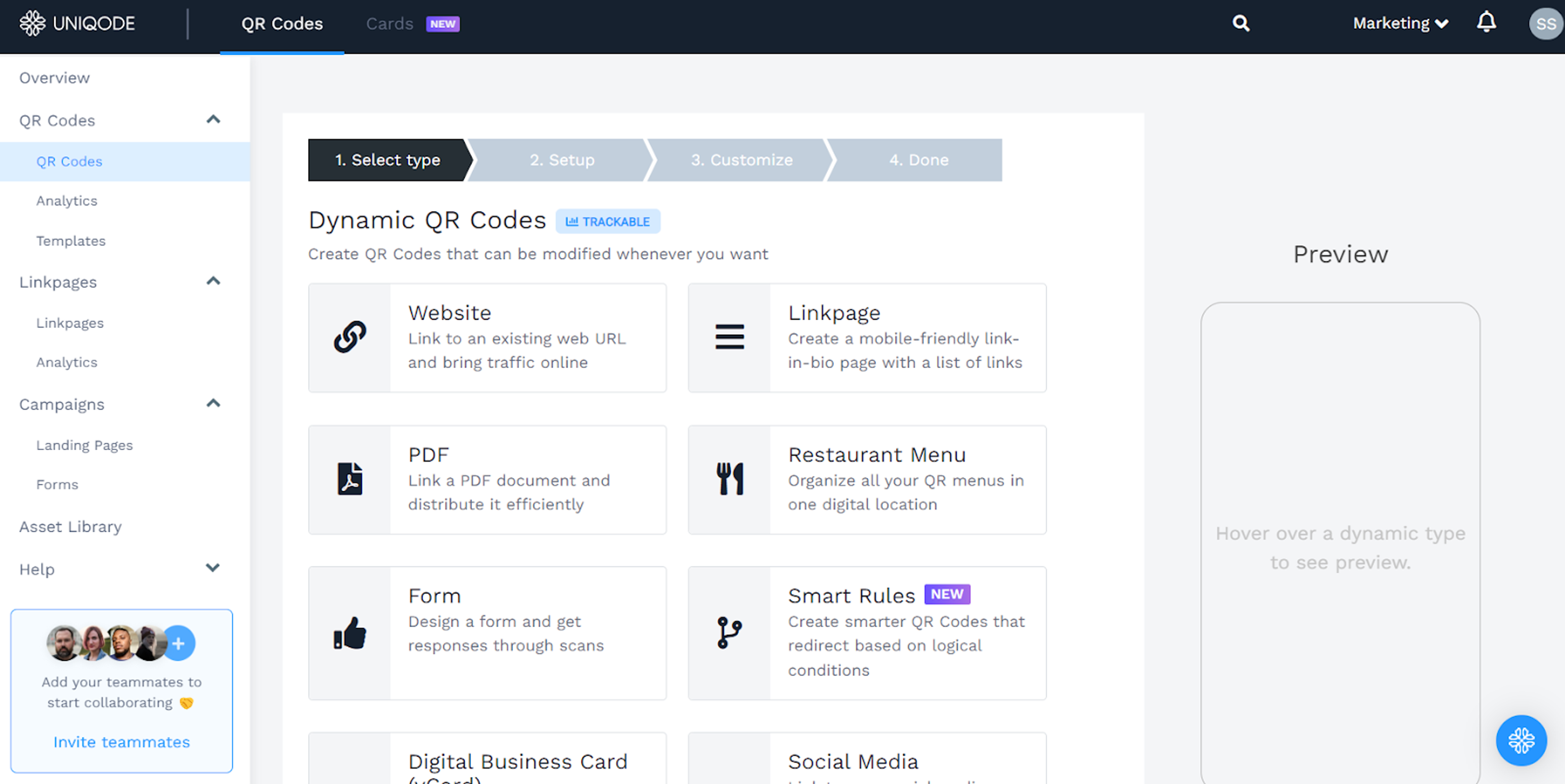 After clicking on QR codes select landing page option