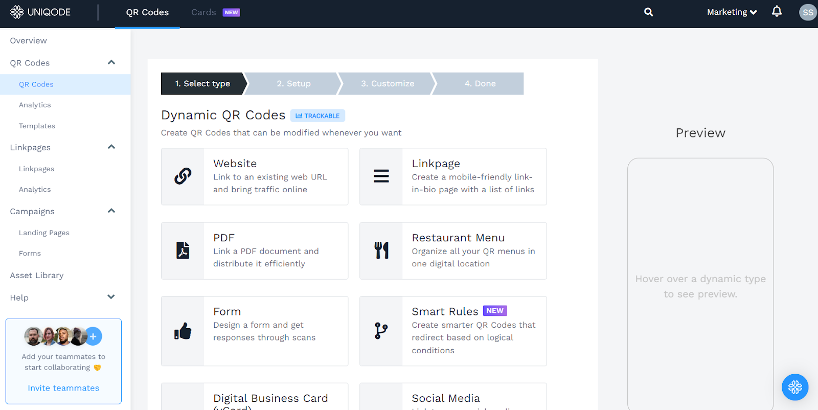 After clicking on QR codes select landing page option