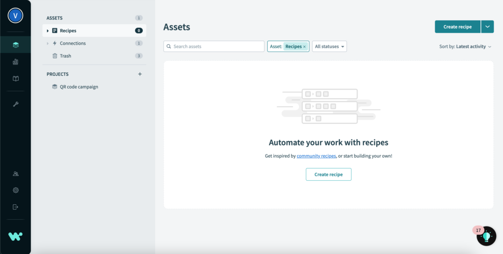 Workato recipe dashboard.