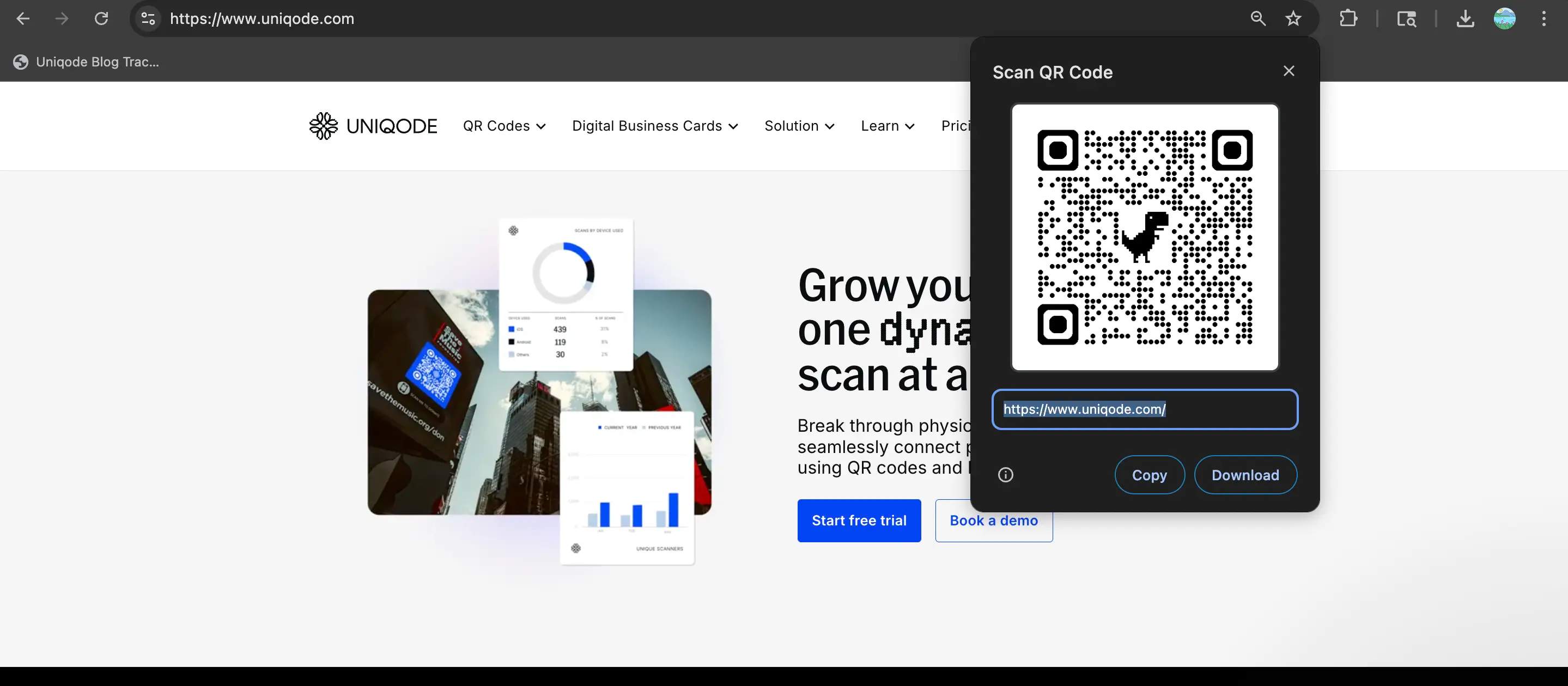 Chrome QR Code generator popup with QR Code, dinosaur logo, and download option.