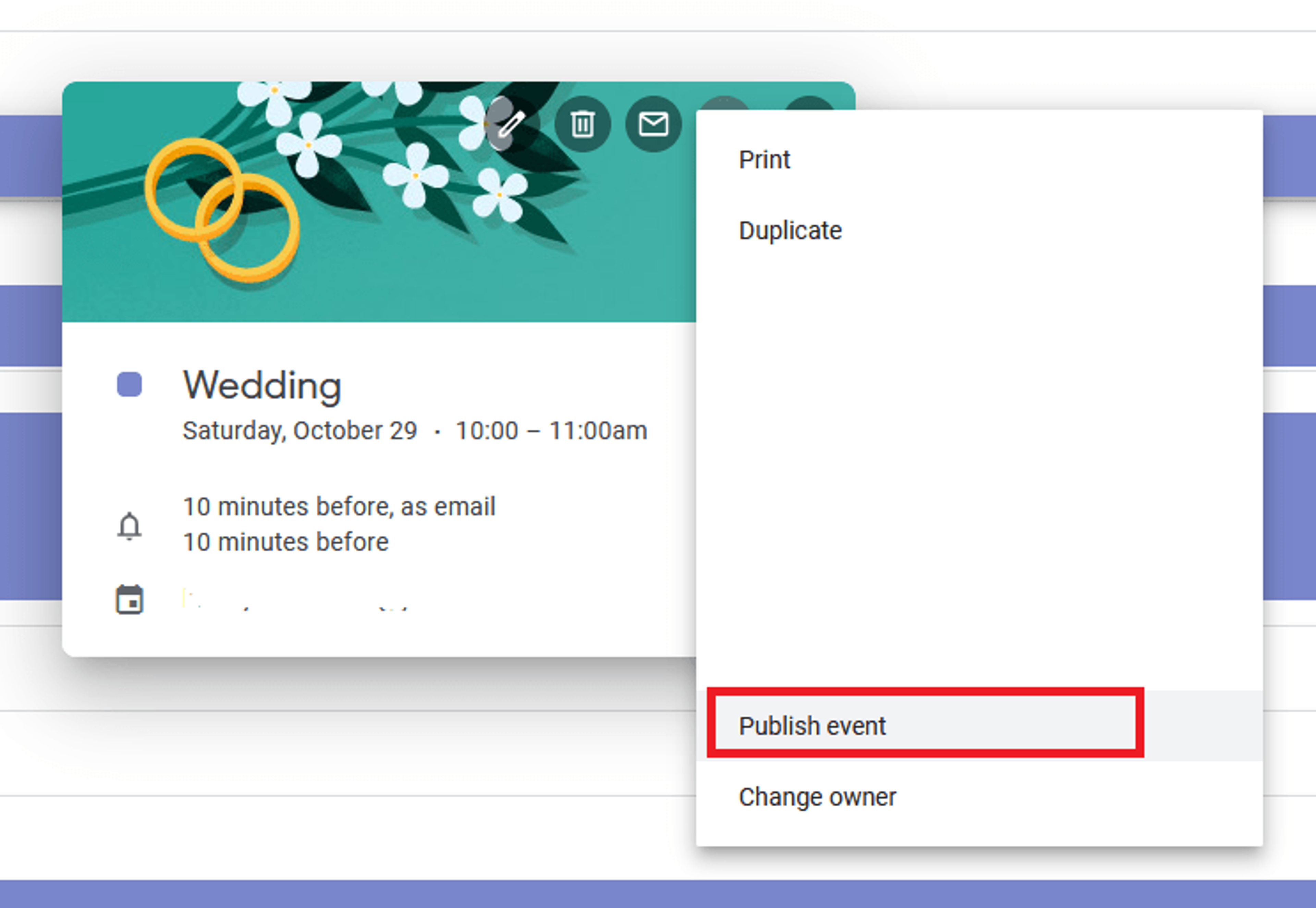 Publish Google calendar event for wedding RSVP