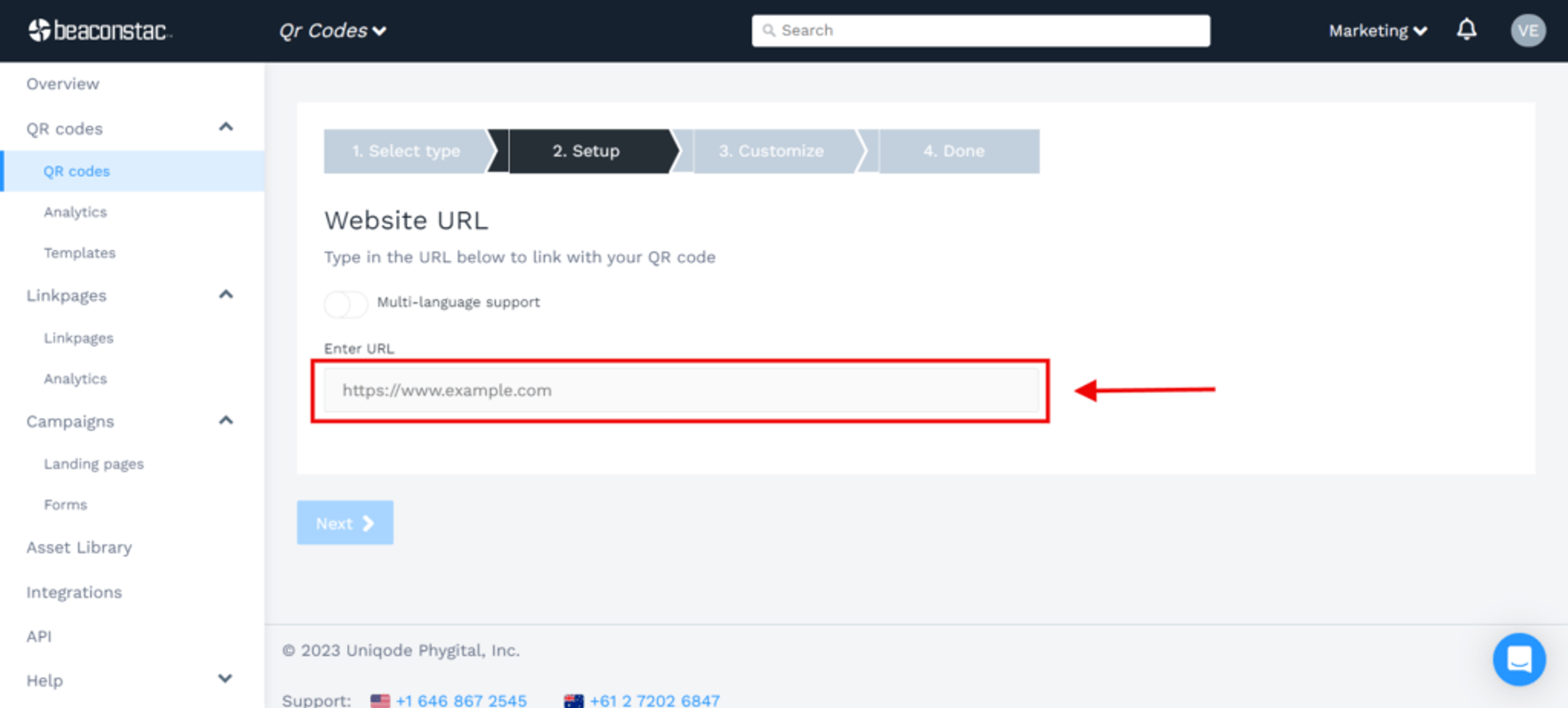 Add the website URL, or any other link as per your requirement and the QR Code type