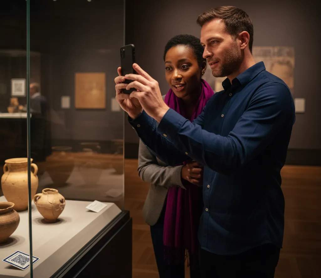 Visitors scanning QR codes in museums for detailed information