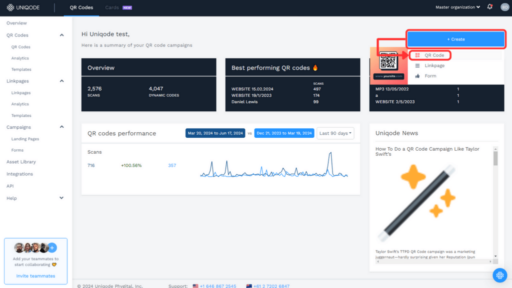 Click “+CREATE” and then “QR Code” to begin creating your Telegram QR Code