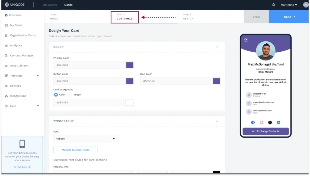 Customize your digital business card