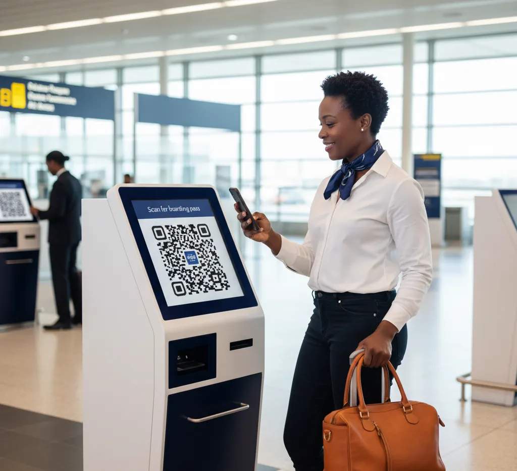 Passenger using qr codes for quick check-in and screening placed at airport