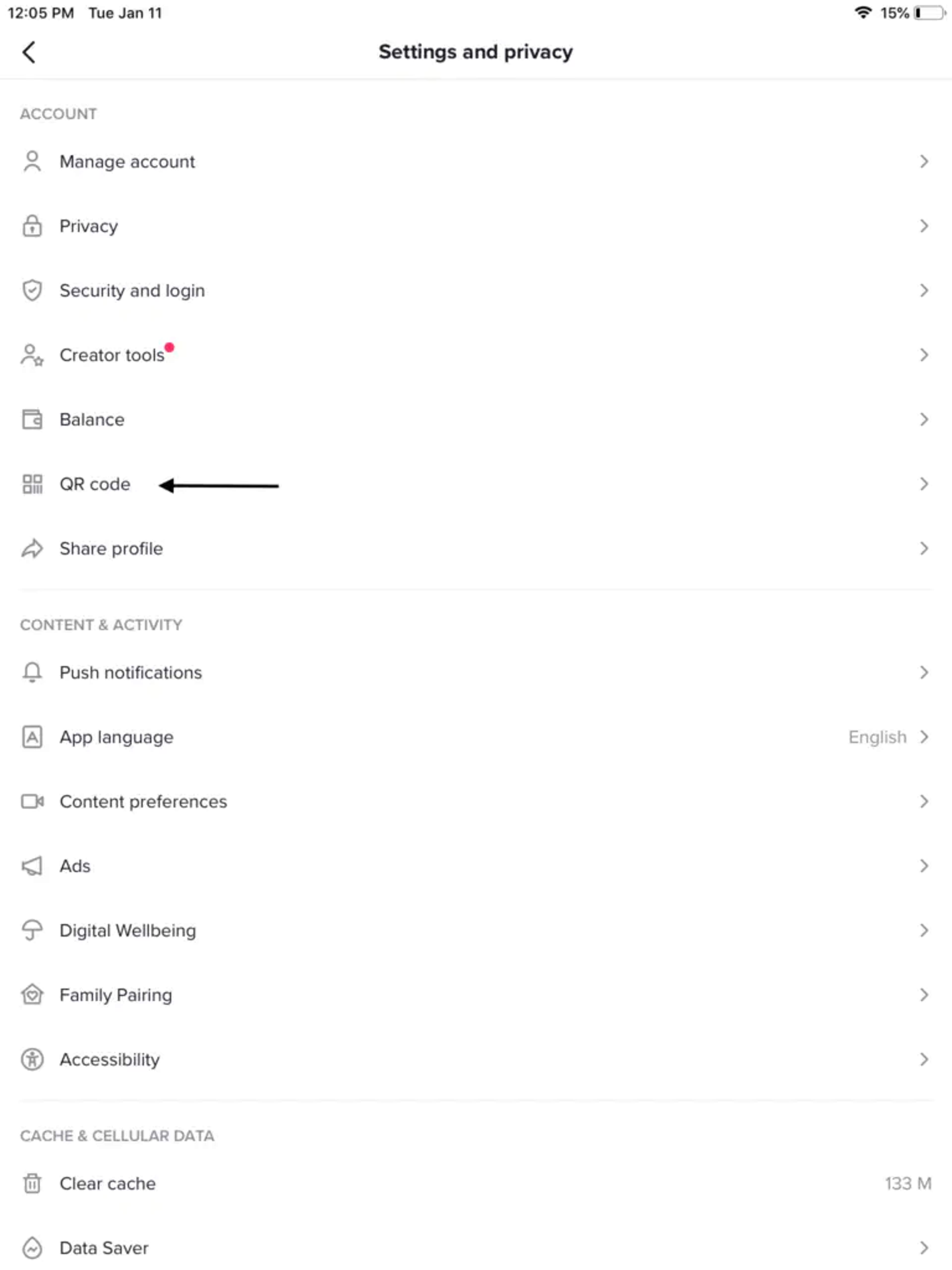 QR Code option on Tik-Tok Account Section