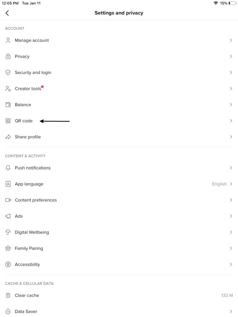 QR Code option on Tik-Tok Account Section