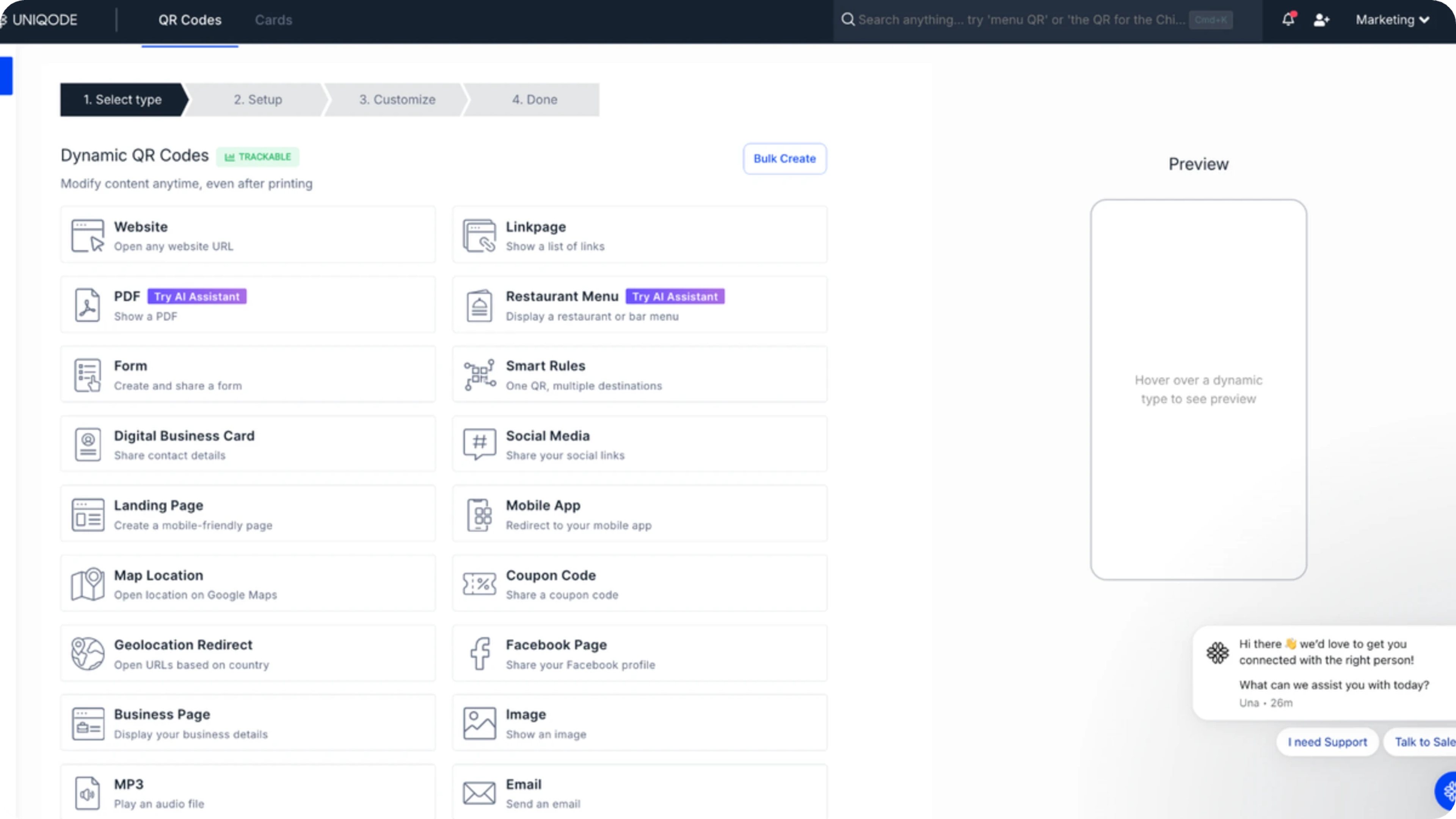QR Code types on Uniqode dashboard