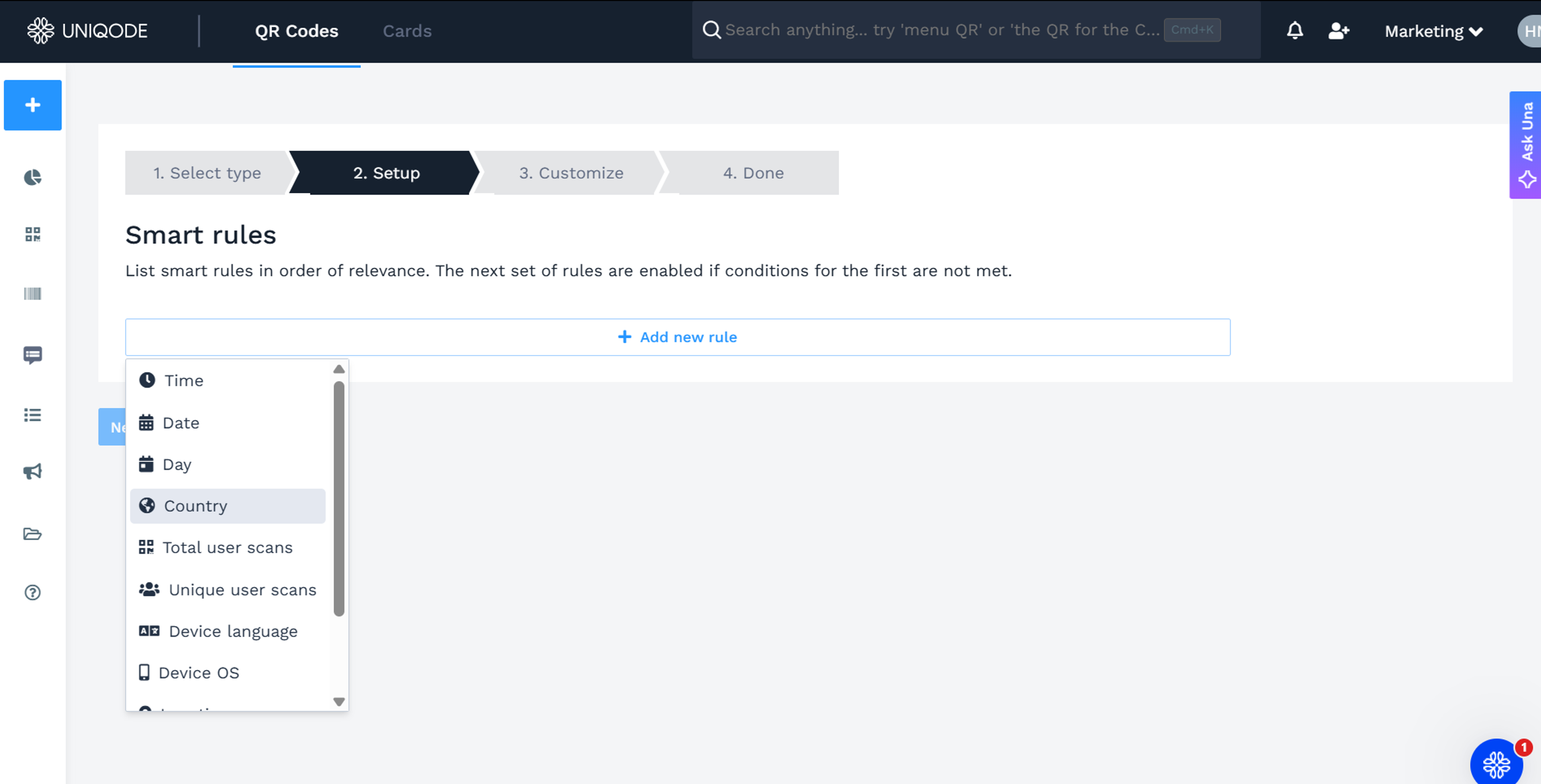 smart rules setup uniqode