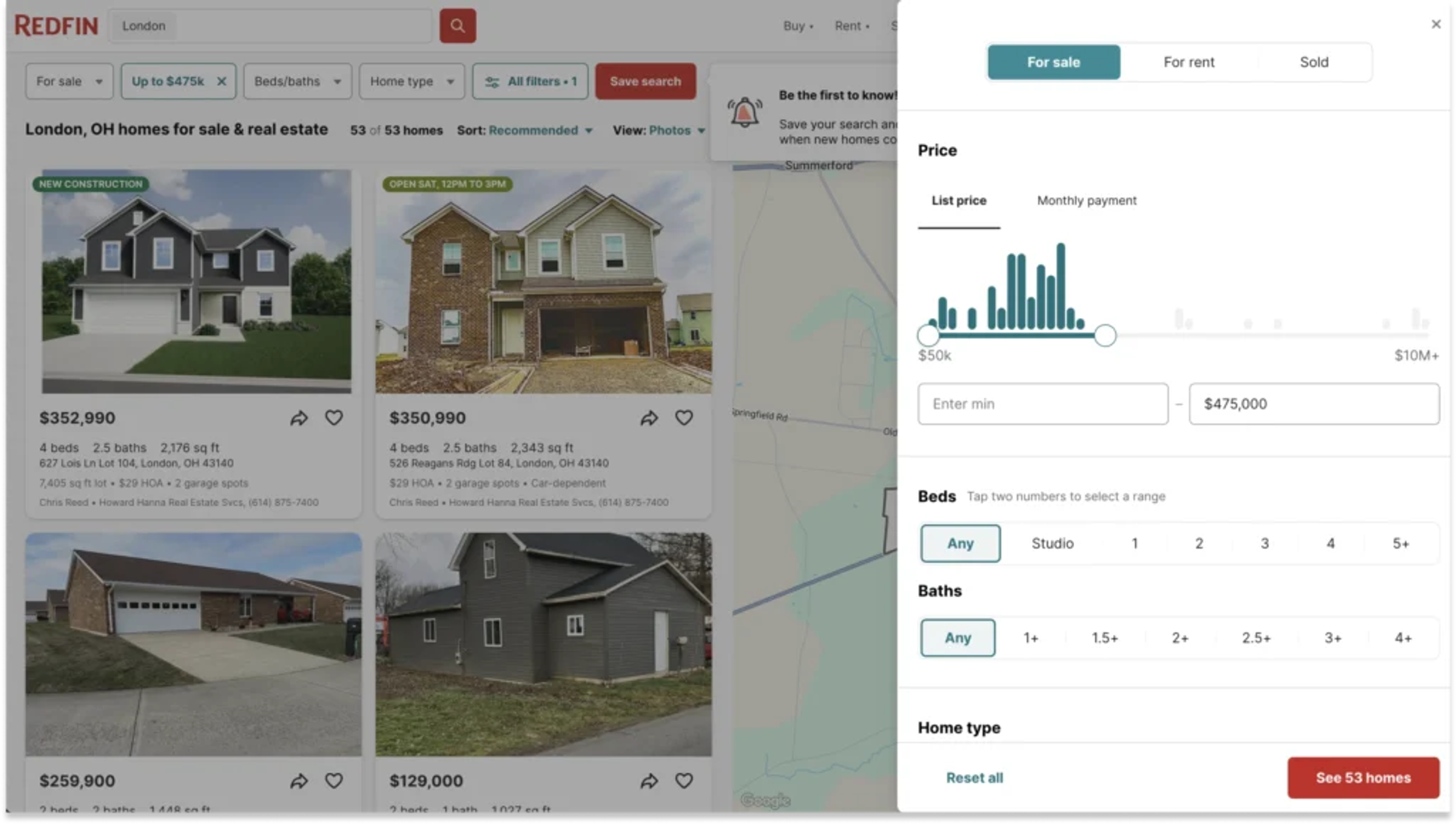 Real estate website filter