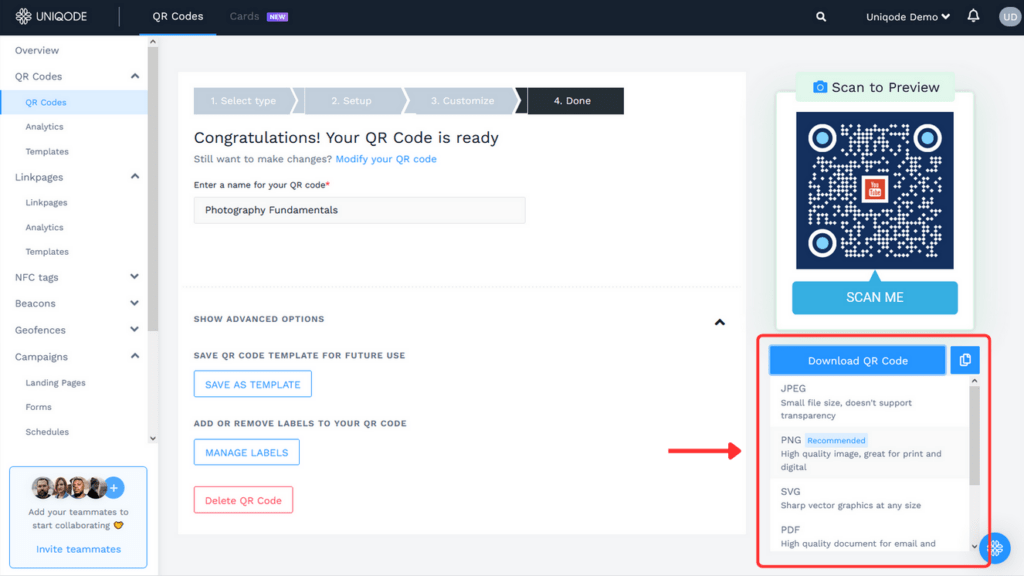 Step 7: Download the YouTube QR Code in your desired image format
