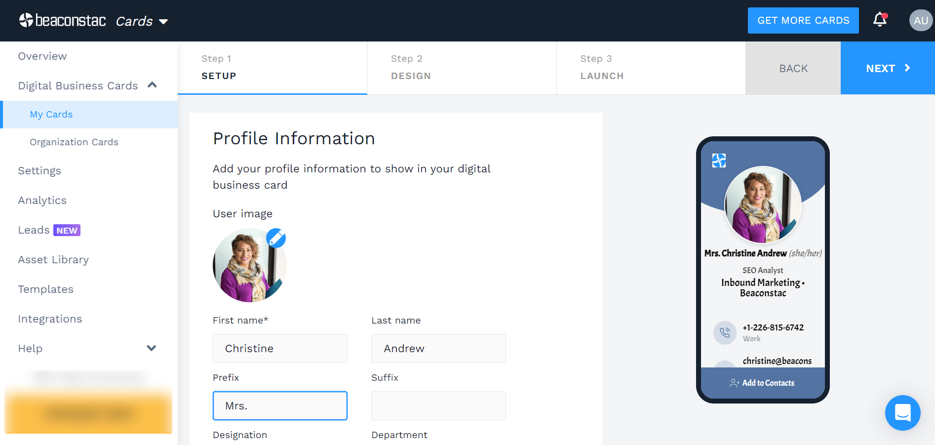 Update profile information of your digital business card