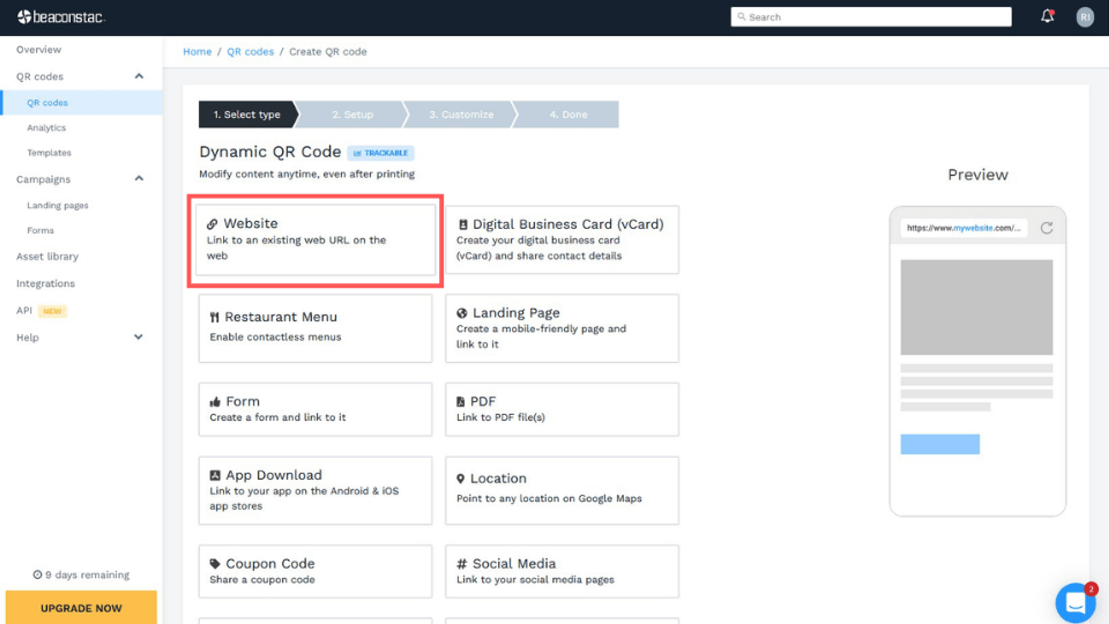 Choosing "Website" from one of the QR Code options