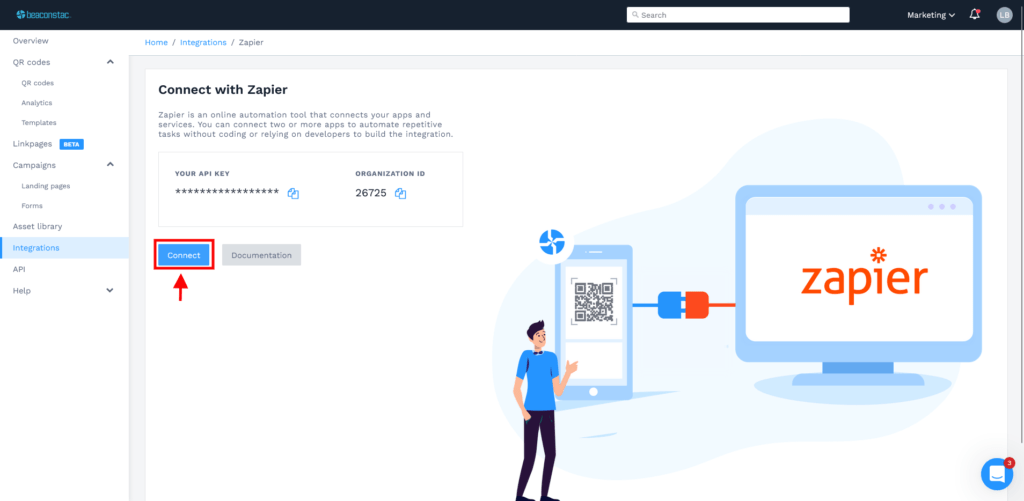 Click on connect. Save API and organization ID.