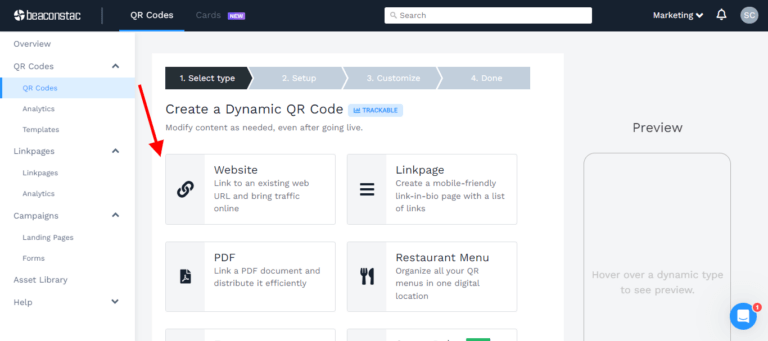 Click “+Create” and choose QR Code