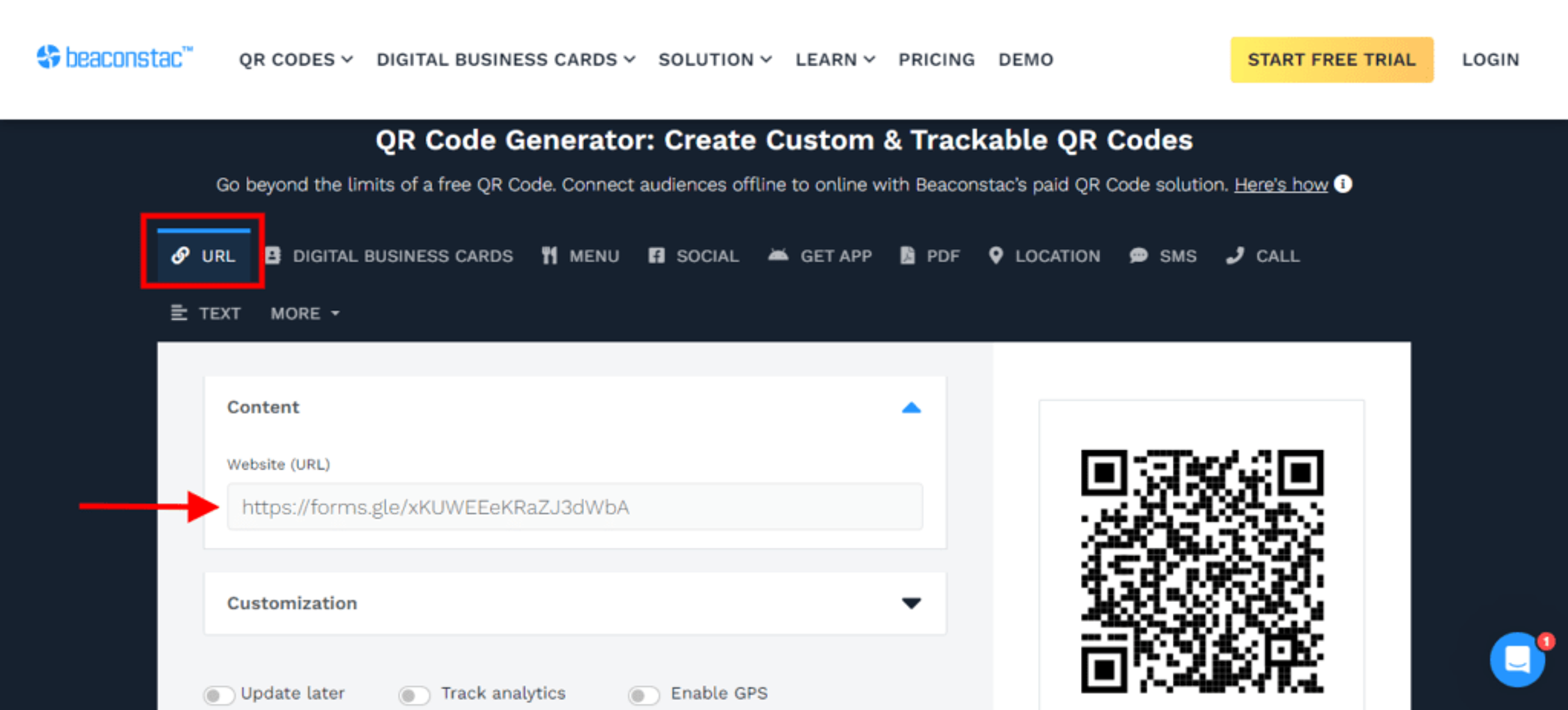 open Beaconstac QR Code generator and paste the link