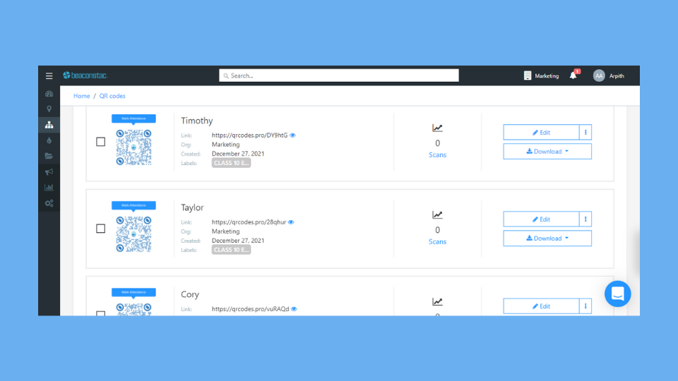 Attendance tracker QR Codes have been generated and are ready to use
