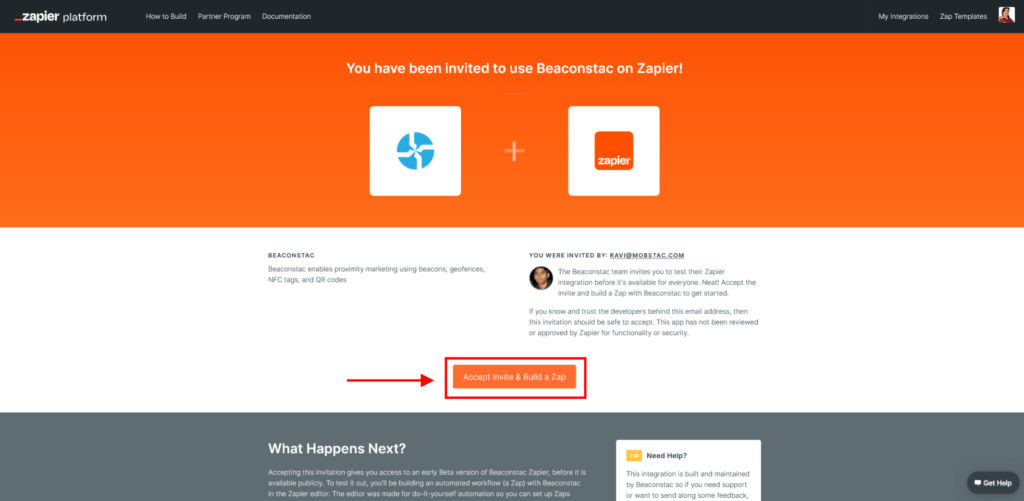 Accept invite and build a Zap