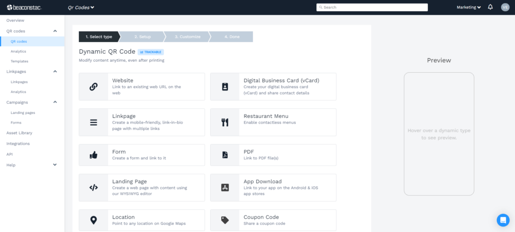 Select the type of QR Code you want to generate