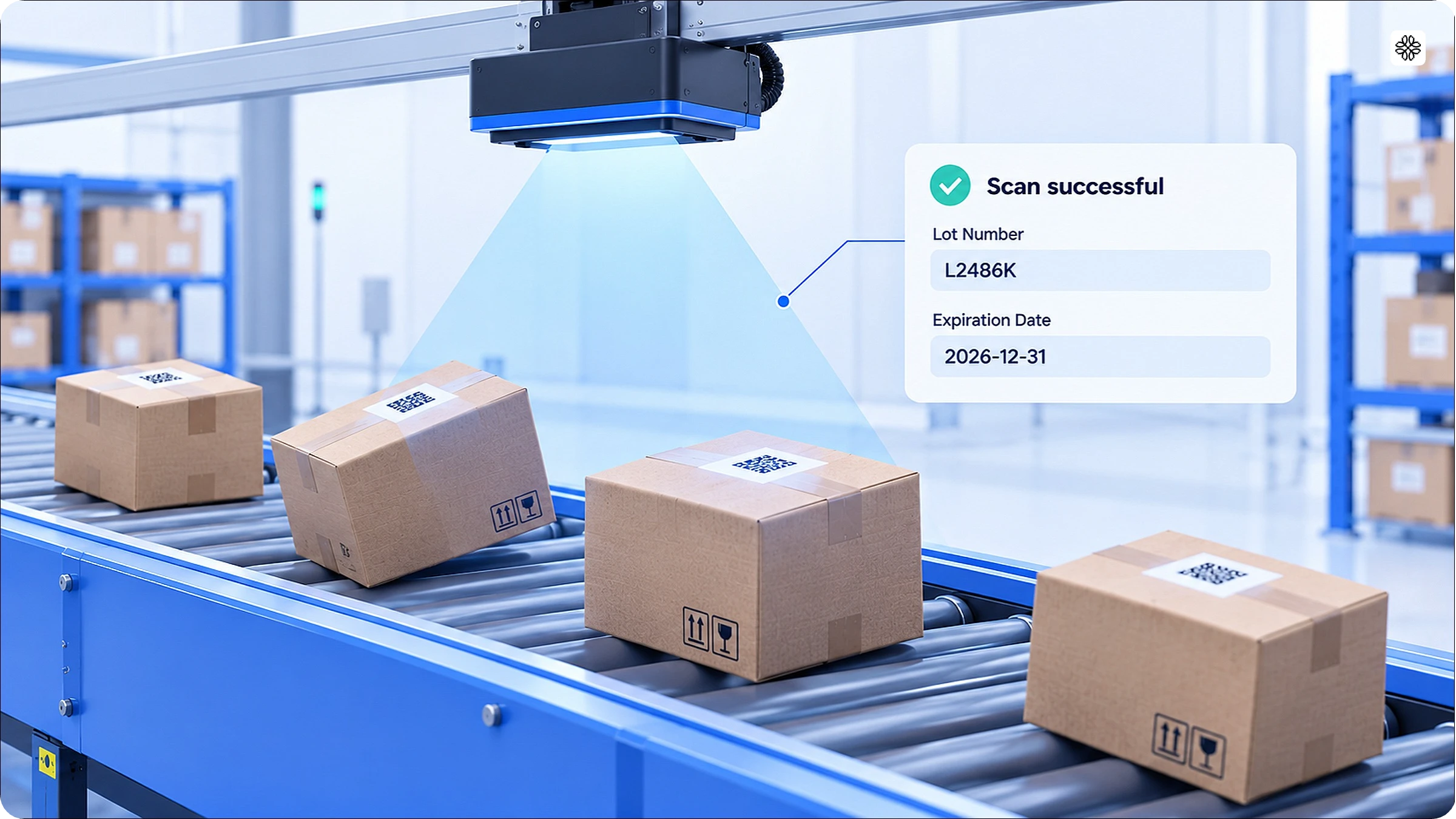 An overhead scanner reads the 2D barcode on cartons moving down a conveyor, and a panel shows the lot number and expiration date.