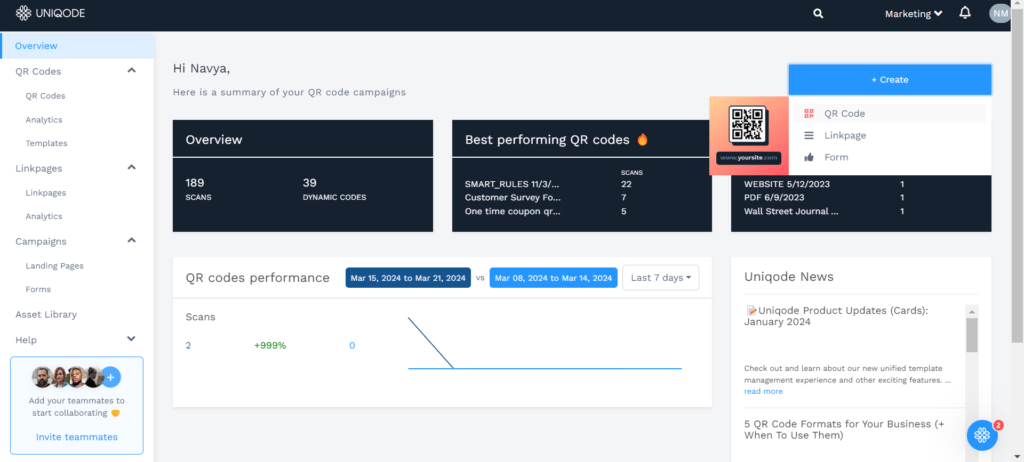 Open the Uniqode dashboard and click "+create"