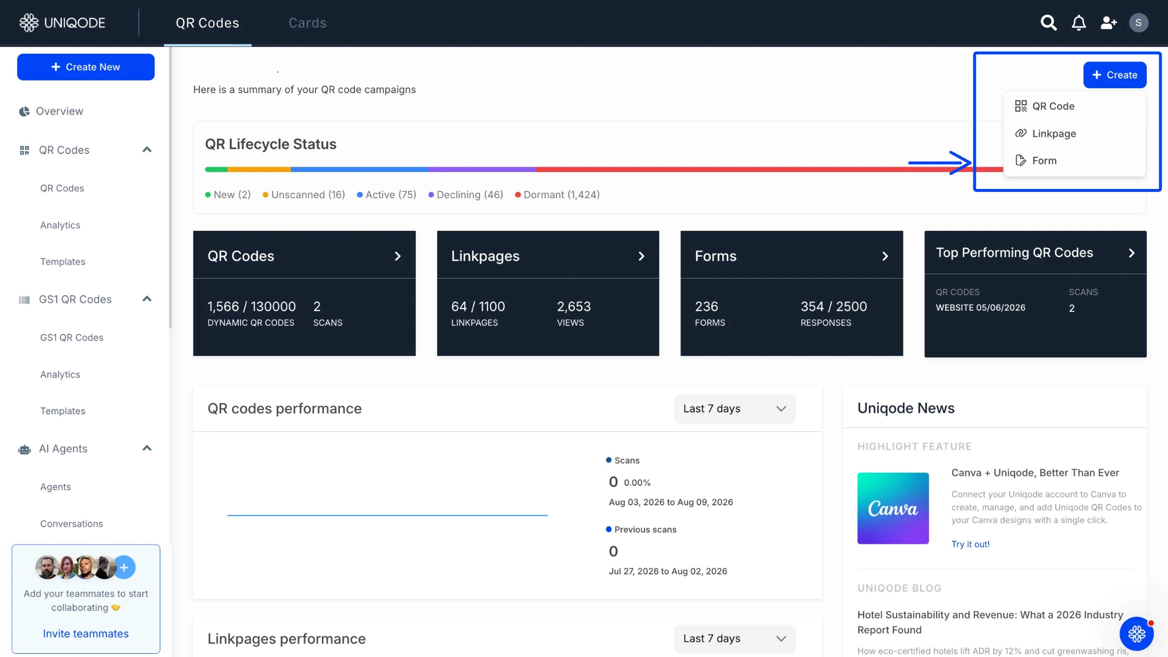 select forms from Uniqode dashboard