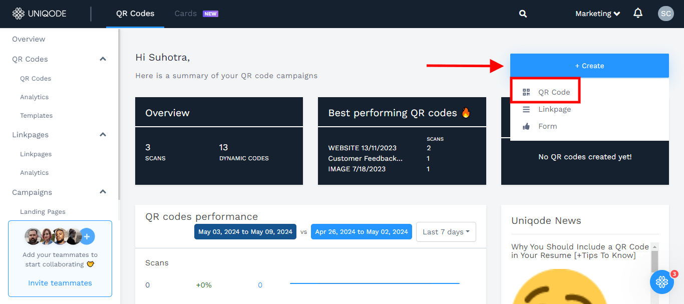 Click Create and choose QR Codes