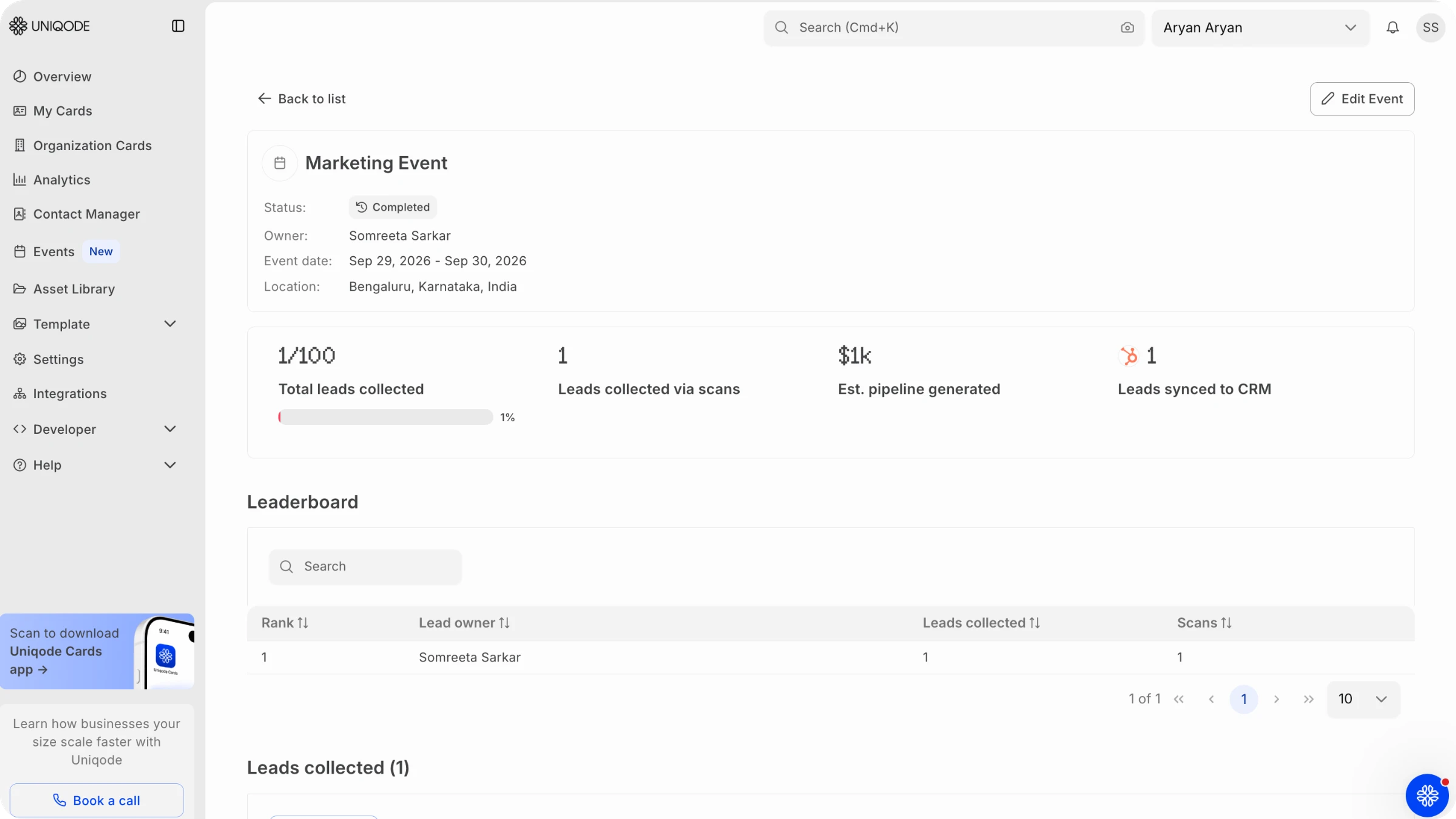 Uniqode event lead capture software dashboard