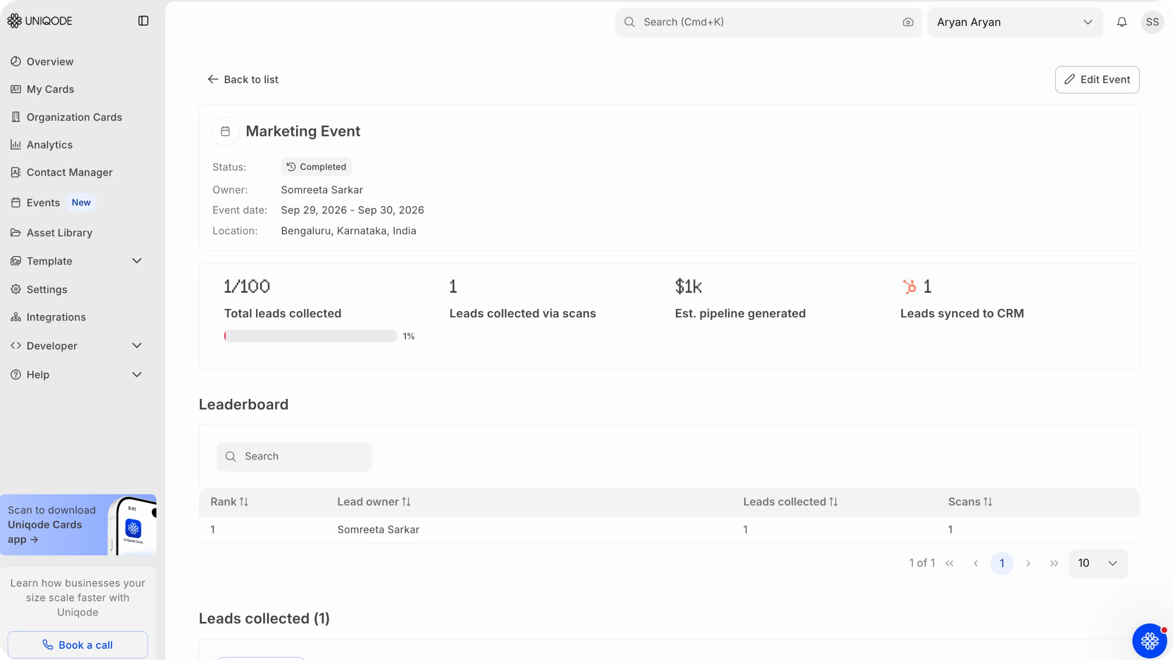 Uniqode event lead capture software dashboard