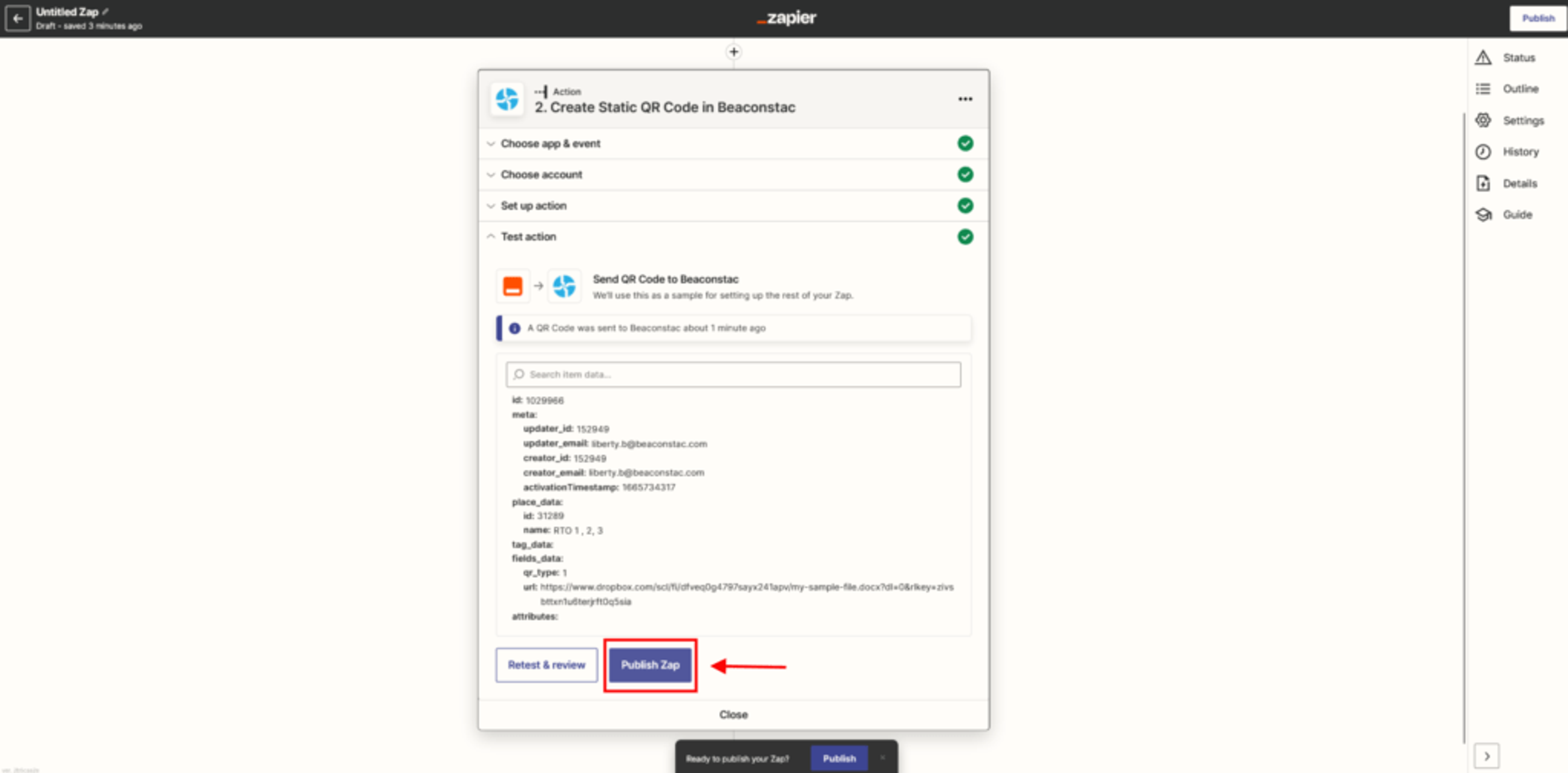 Publish your Zap to start automation.