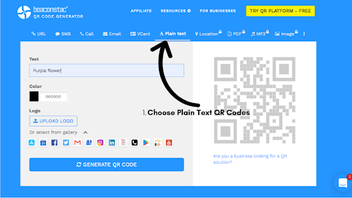 Choose Plain Text QR Code as the QR Code type
