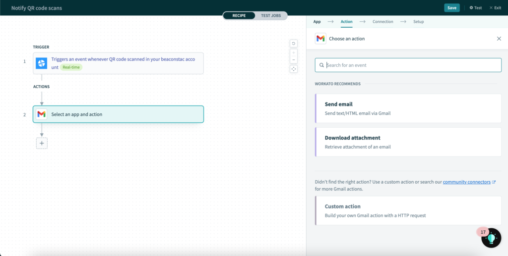 Select send out email from Gmail when Uniqode QR Code is scanned.