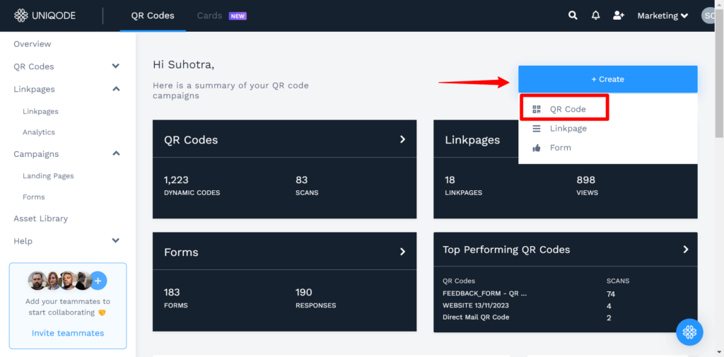 Click “+ Create” and choose “QR Code”