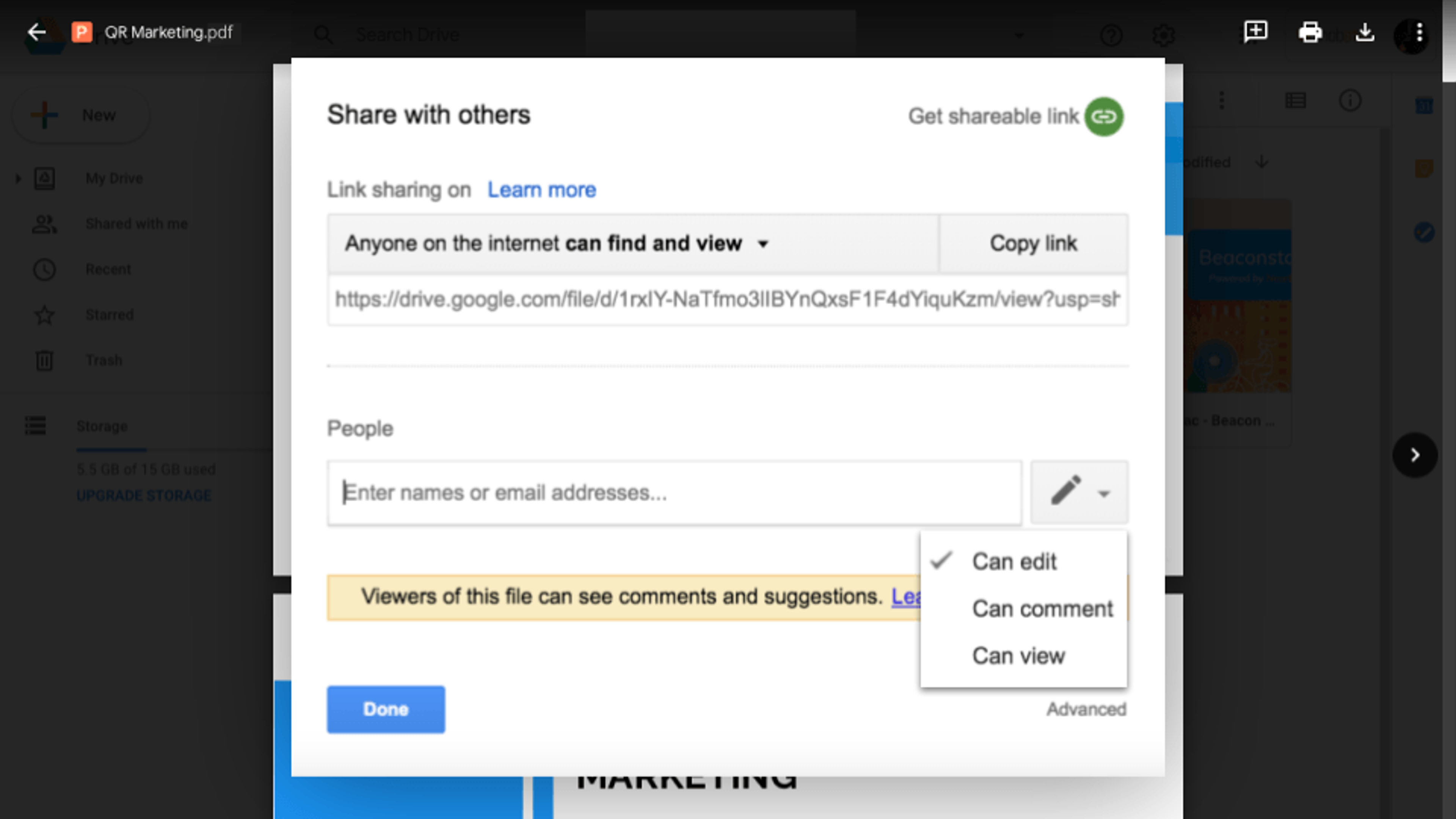 Select the share option &amp; get a shareable link