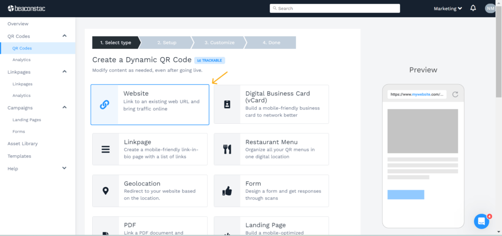 Choose "Website" as the campaign on the dashboard