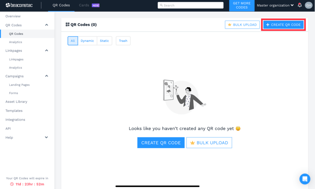 Open the Uniqode dashboard and click "+create"