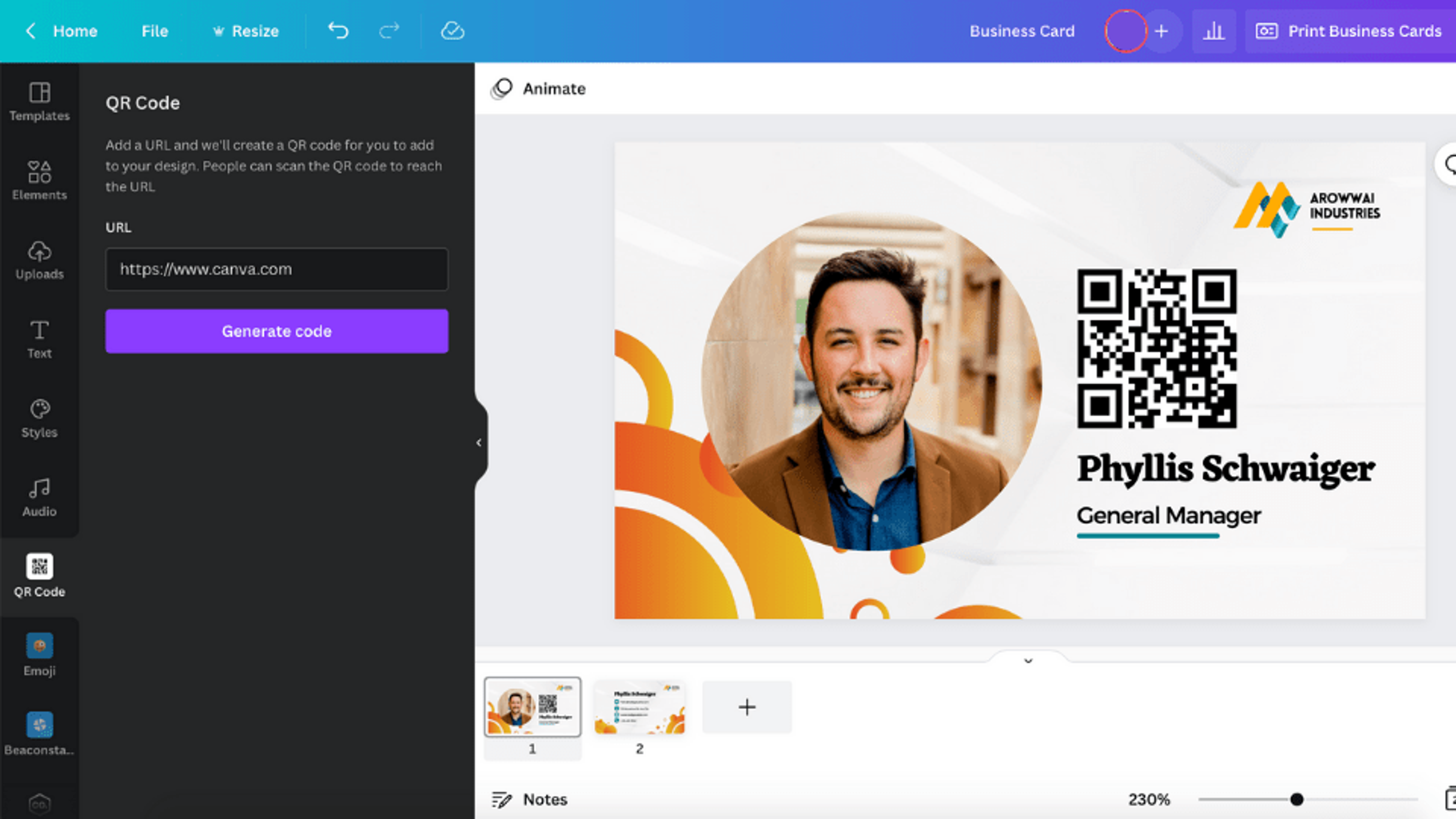 A Canva business card design