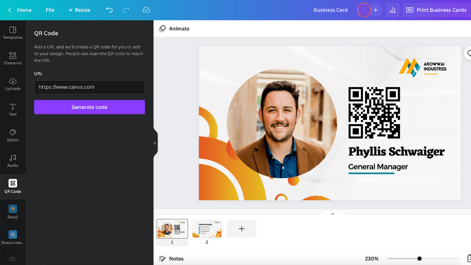 A Canva business card design